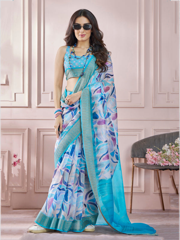 Gorgeous Sky-Blue Digital Printed Silk Event Wear Saree With Blouse