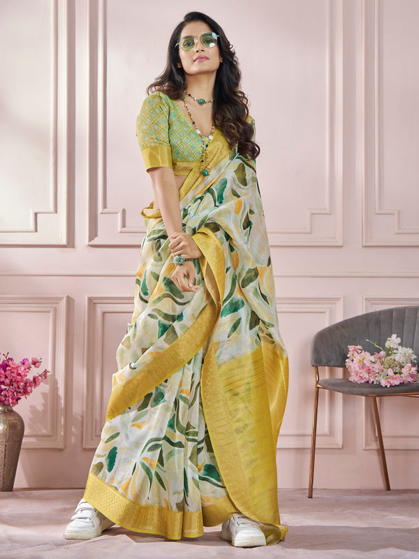 Ravishing Yellow Digital Printed Silk Traditional Saree With Blouse