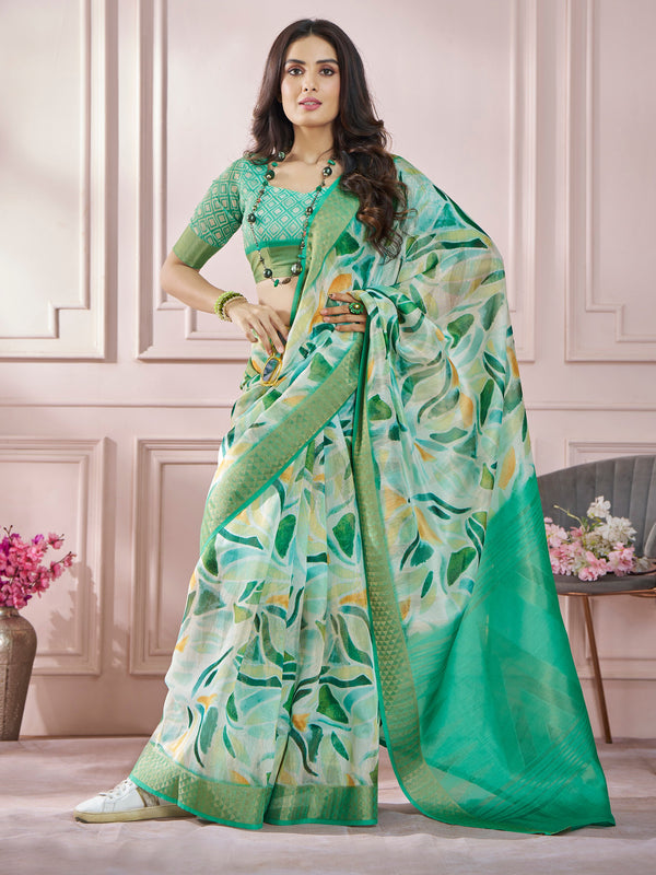 Attractive Green Digital Printed Silk Casual Wear Saree With Blouse