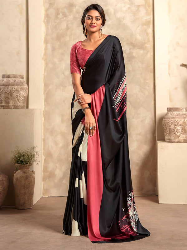 Beautiful Black Digital Printed Satin Event Wear Saree With Blouse