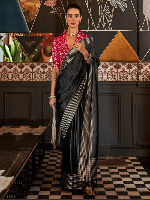 Astonishing Black Weaving Silk Traditional Saree With Blouse