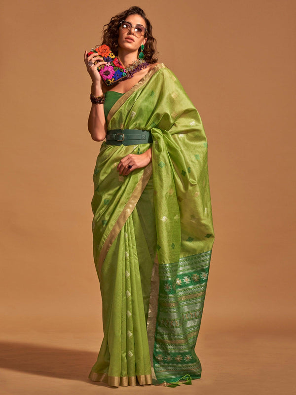 Beautiful Green Weaving Silk Mehendi Wear Saree With Blouse