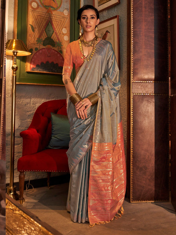 Captivating Grey Weaving Tussar Silk Event Wear Saree With Blouse