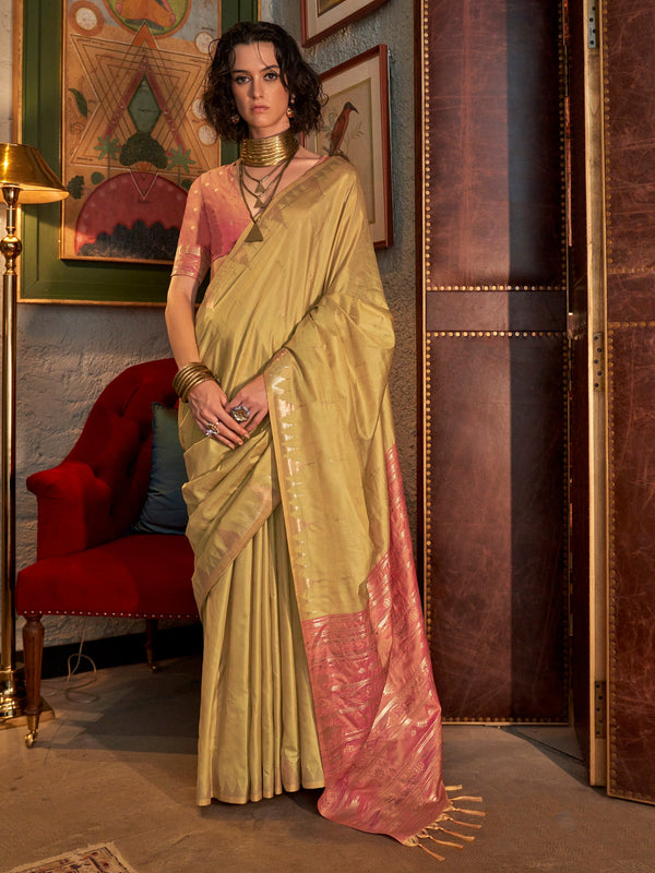 Beautiful Mustard Yellow Weaving Silk Festival Wear Saree With Blouse