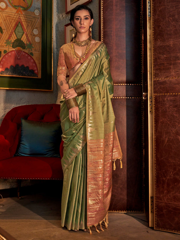 Stunning Green Zari Weaving Silk Event Wear Saree With Blouse