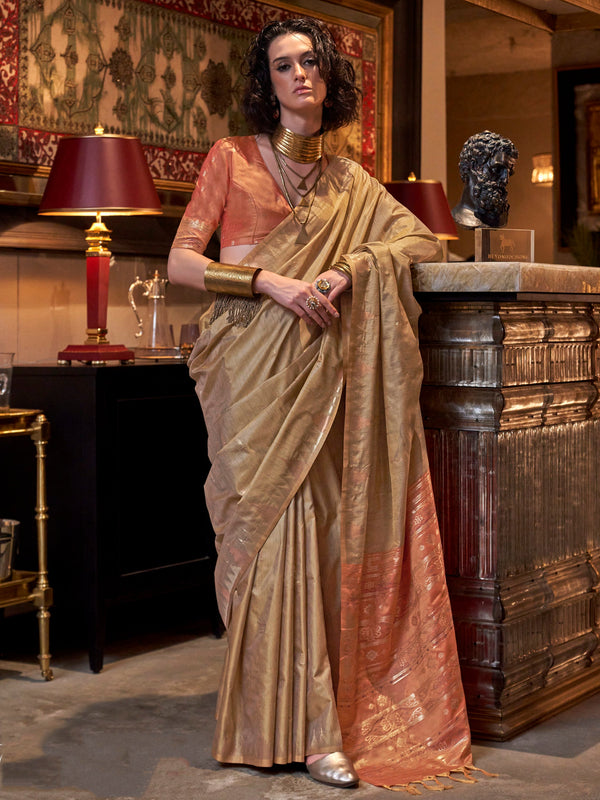 Glamorous Brown Zari Weaving Silk Festival Wear Saree With Blouse