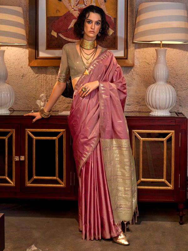 Charming Pink Zari Weaving Silk Traditional Saree With Blouse