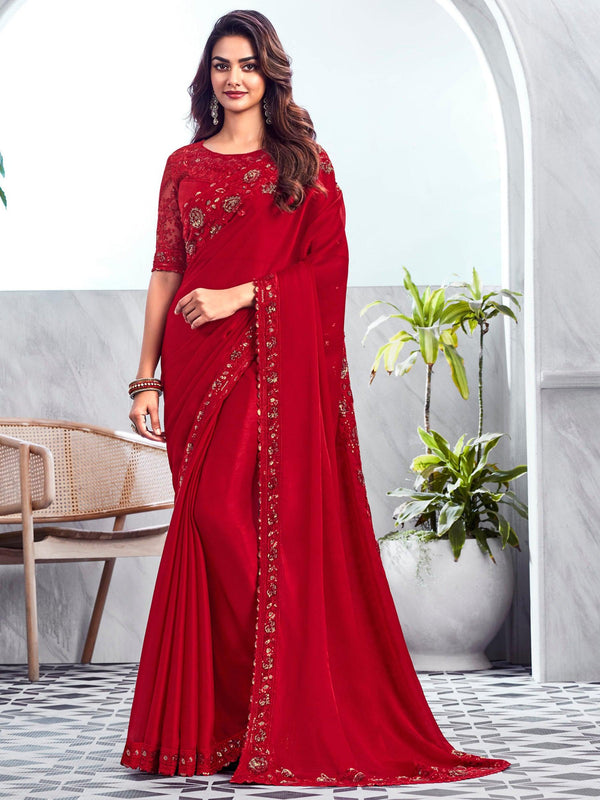 Wonderful Red Sequins Chiffon Wedding Wear Saree With Blouse