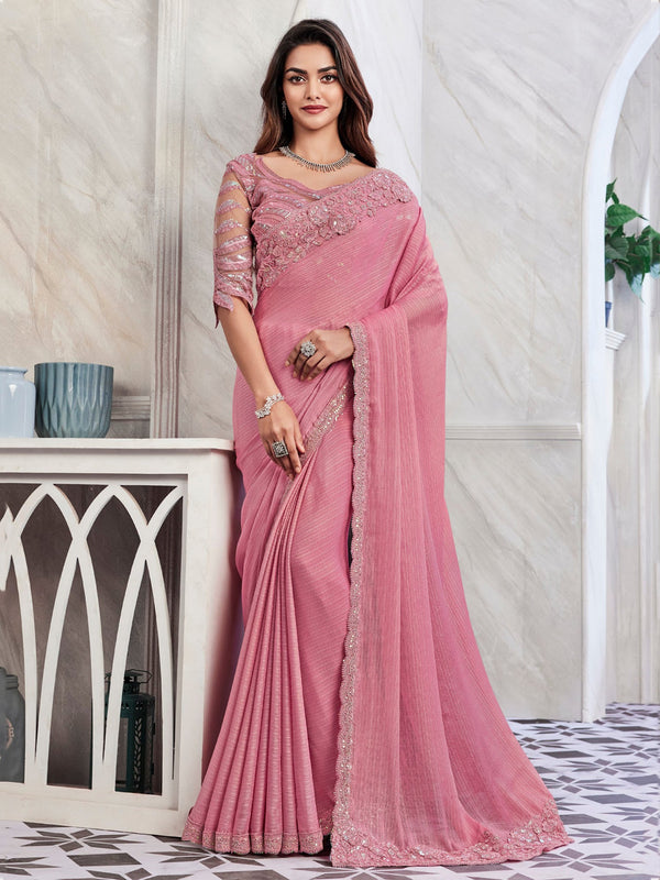 Beautiful Pink Embroidered Shimmer Silk Designer Saree With Blouse