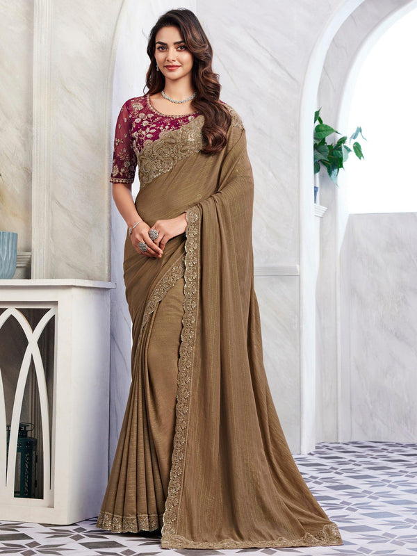 Attractive Brown Embroidered Silk Party Wear Saree With Blouse