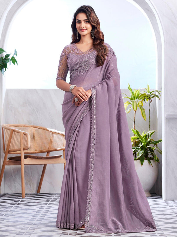 Beautiful Light Purple Embroidered Silk Designer Saree With Blouse