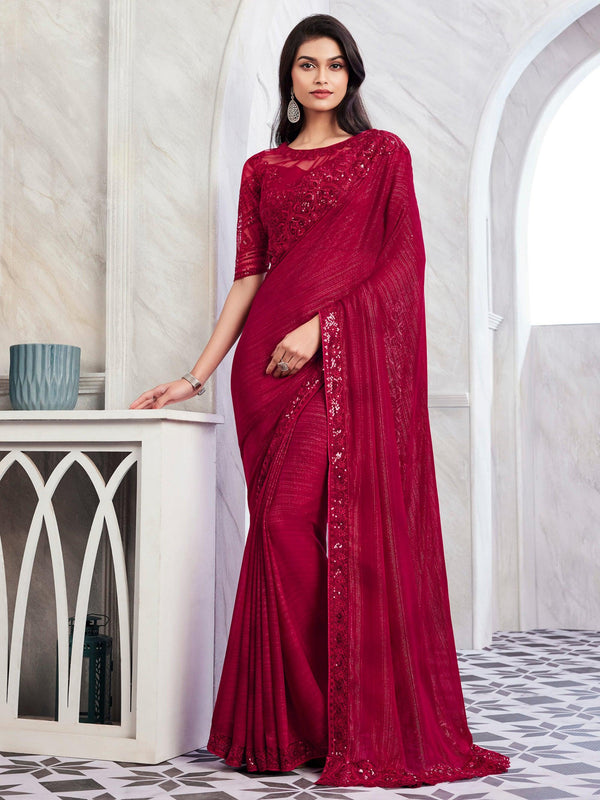 Attractive Maroon Embroidered Silk Reception Wear Saree With Blouse