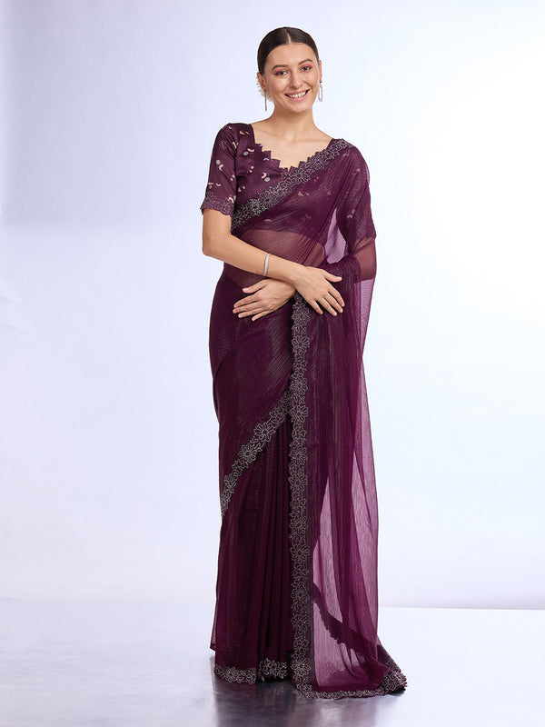 Wine Georgette Saree With Blouse Piece