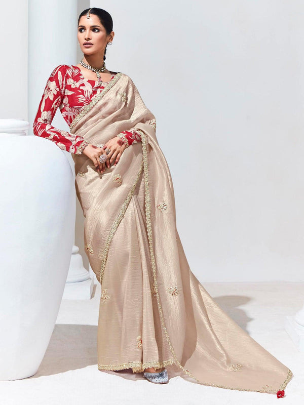 Beautiful Ivory Embroidered Organza Engagement Wear Saree