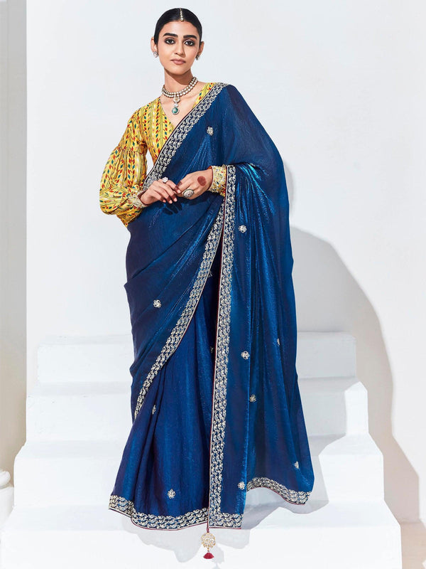 Attractive Blue Embroidered Organza Wedding Wear Saree With Blouse