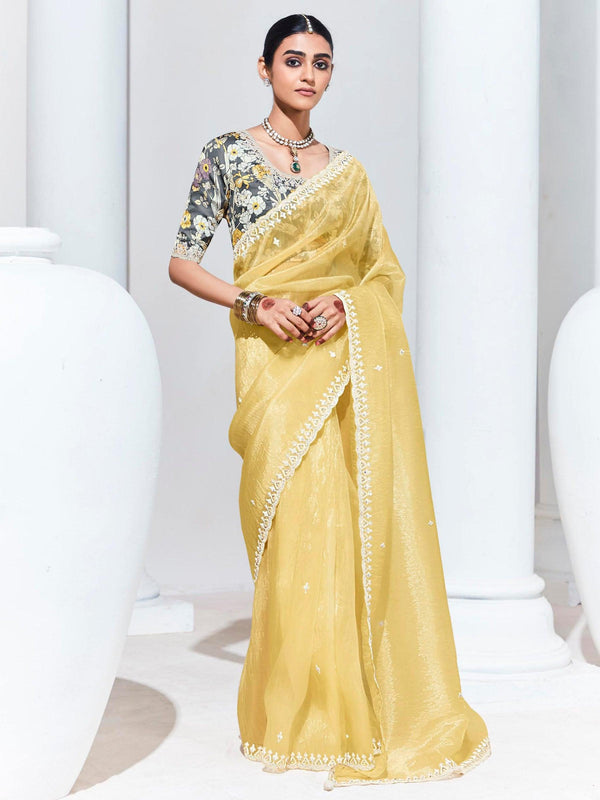 Alluring Yellow Embroidered Organza Festival Wear Saree With Blouse