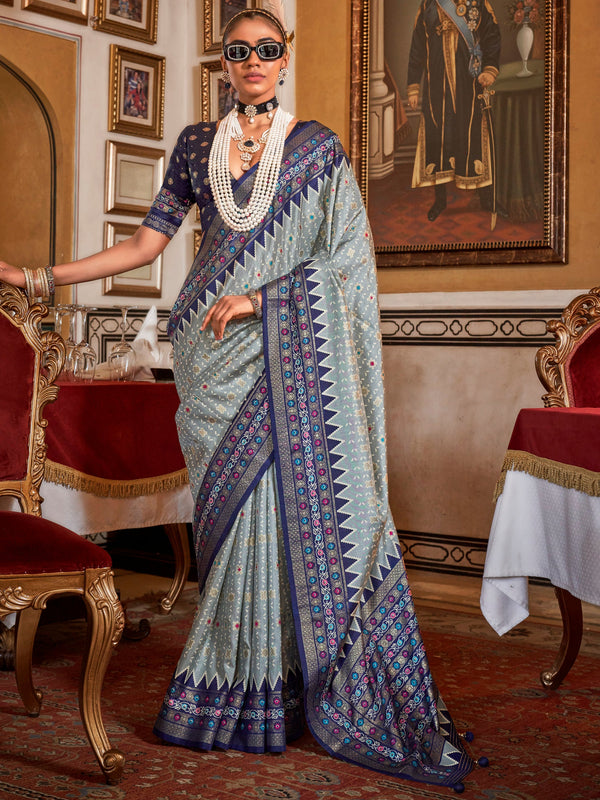 Enchanting Blue Printed Silk Festival Wear Saree With Blouse