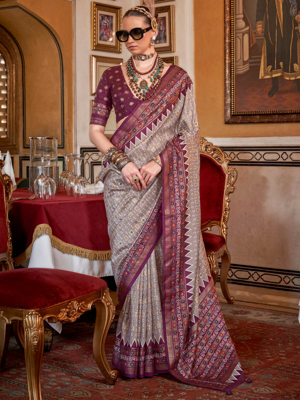 Glamorous Grey Printed Silk Traditional Saree With Blouse