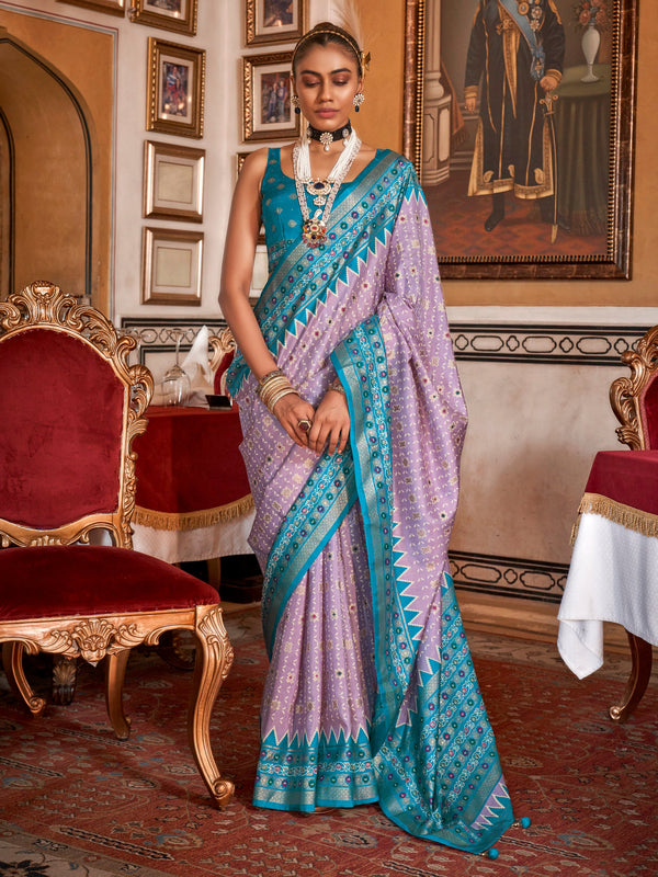 Alluring Lavender Printed Silk Festival Wear Saree With Blouse