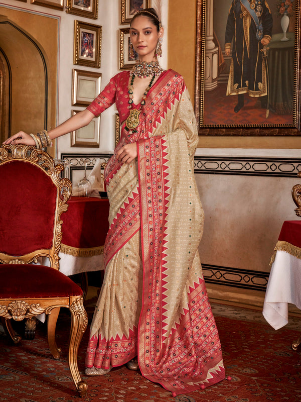 Charming Beige Printed Silk Event Wear Saree With Blouse