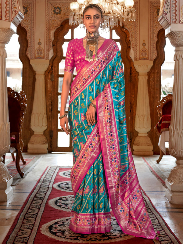 Dazzling Sky-Blue Patola Printed Silk Traditional Saree With Blouse