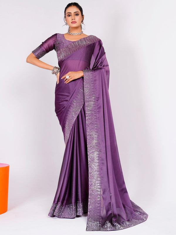 Alluring Purple Stone Work Rangoli Silk Party Wear Saree With Blouse