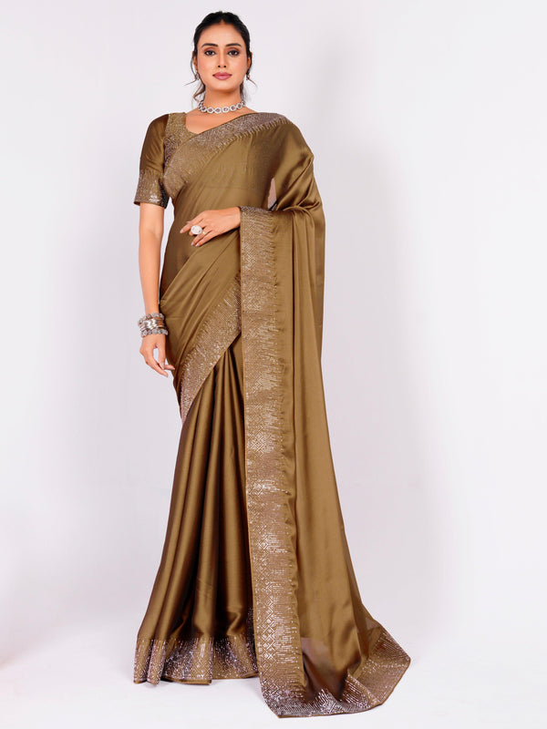 Bewitching Brown Stone Work Rangoli Silk Designer Saree With Blouse