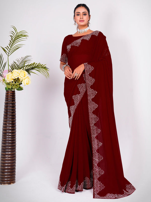 Astonishing Maroon Swarovski Work Georgette Saree With Blouse