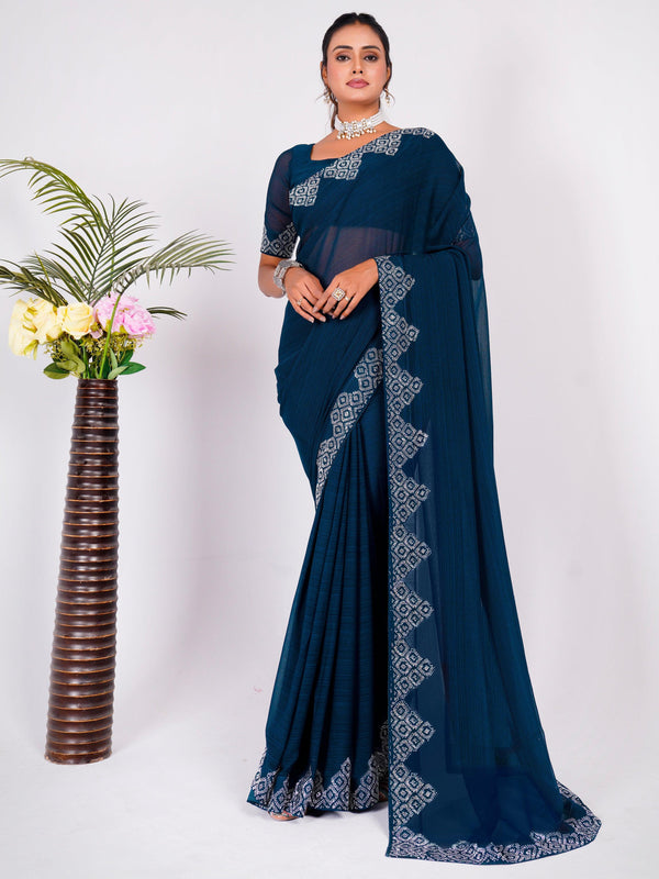 Attractive Navy Blue Swarovski Work Georgette Party Wear Saree