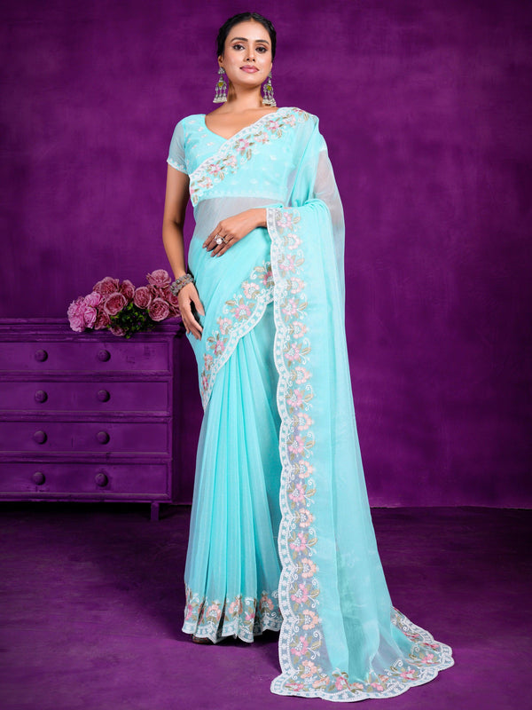 Bewitching Turquoise Lace Work Chiffon Festival Wear Saree With Blouse