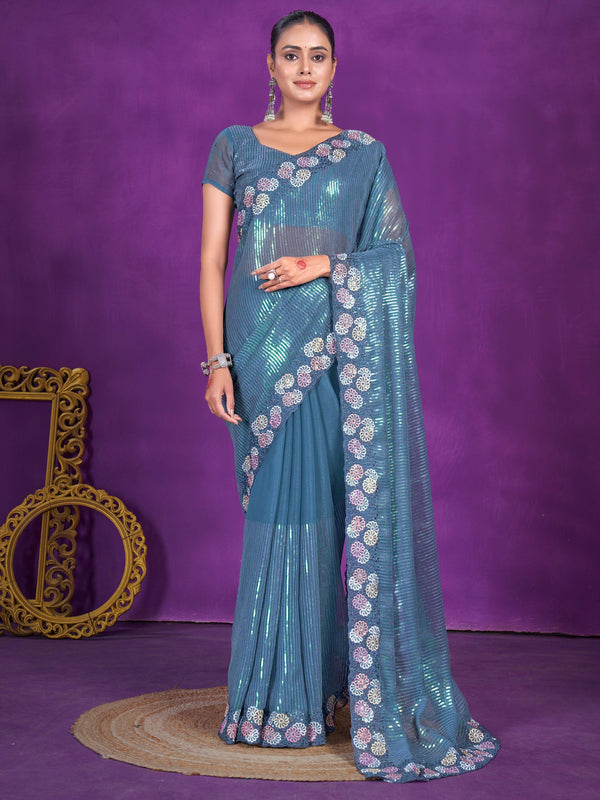 Bewitching Dusty Blue Sequins Organza Reception Wear Saree