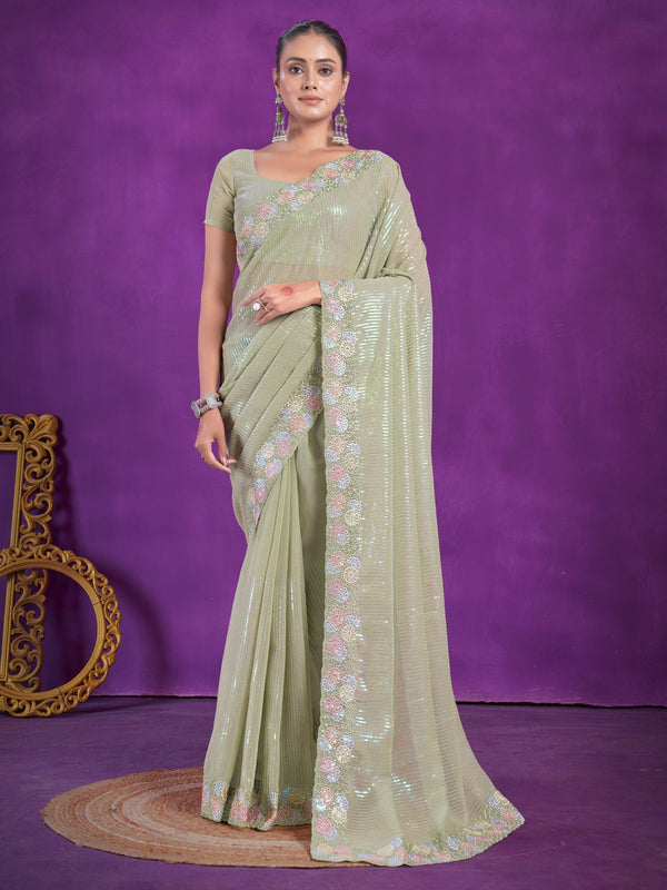 Alluring Pista Green Sequins Organza Party Wear Saree With Blouse