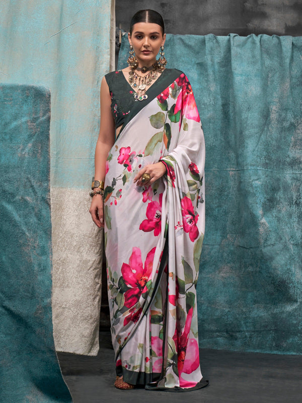 Attractive White Floral Printed Crepe Casual Wear Saree With Blouse