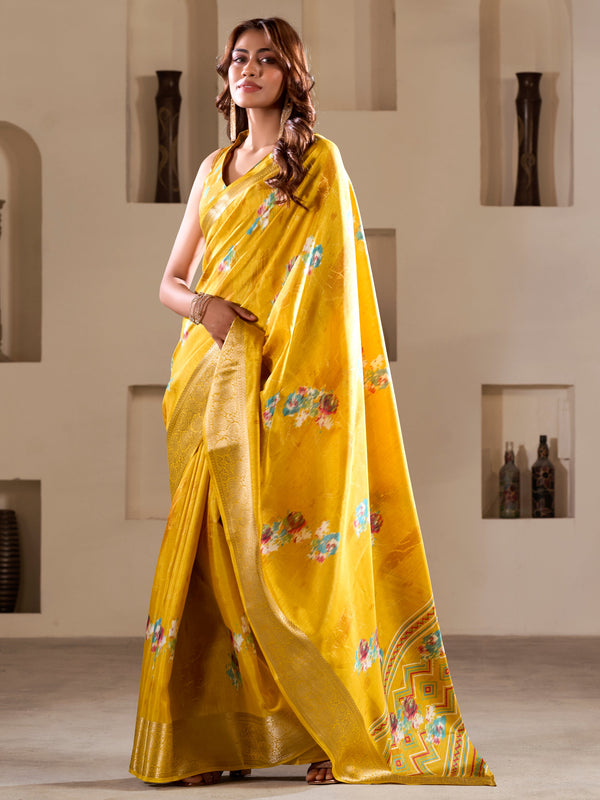 Beautiful Yellow Printed Silk Festival Wear Saree With Blouse