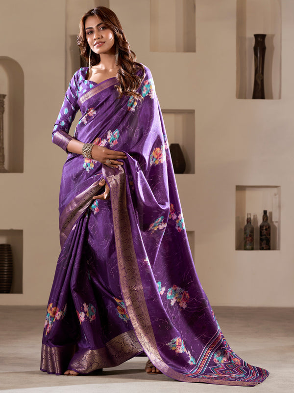 Stunning Purple Printed Silk Event Wear Saree With Blouse