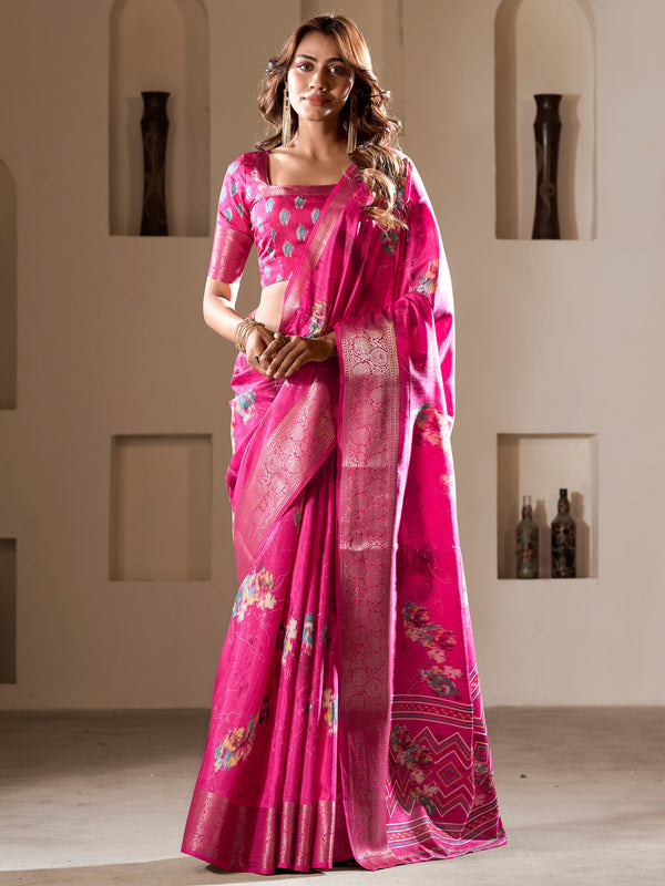 Enchanting Pink Printed Silk Traditional Saree With Blouse