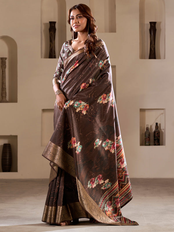 Attractive Brown Printed Silk Festival Wear Saree With Blouse