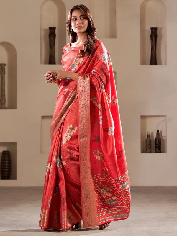 Alluring Coral Red Printed Silk Event Wear Saree With Blouse