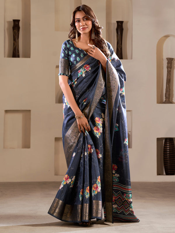 Glamorous Navy Blue Printed Silk Function Wear Saree With Blouse