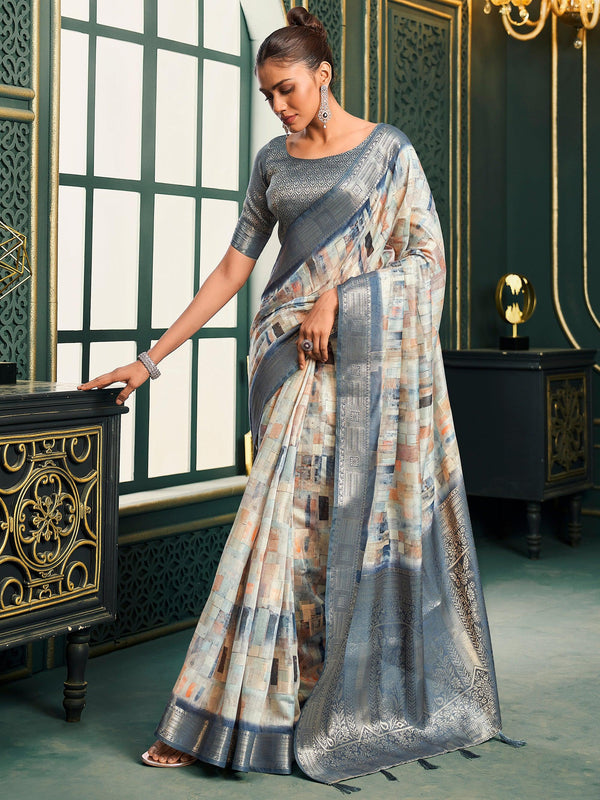 Awesome Grey Digital Printed Cotton Event Wear Saree With Blouse