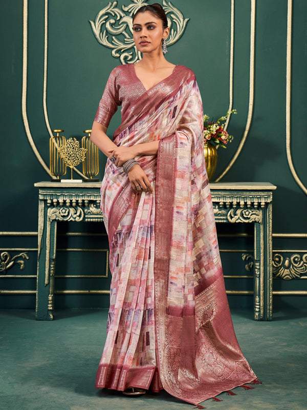 Wonderful Off-White & Dusty Pink Printed Cotton Traditional Saree