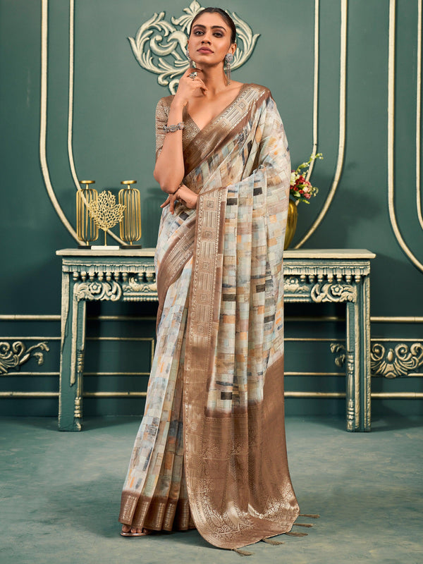 Alluring Off-White & Brown Printed Cotton Event Wear Saree With Blouse