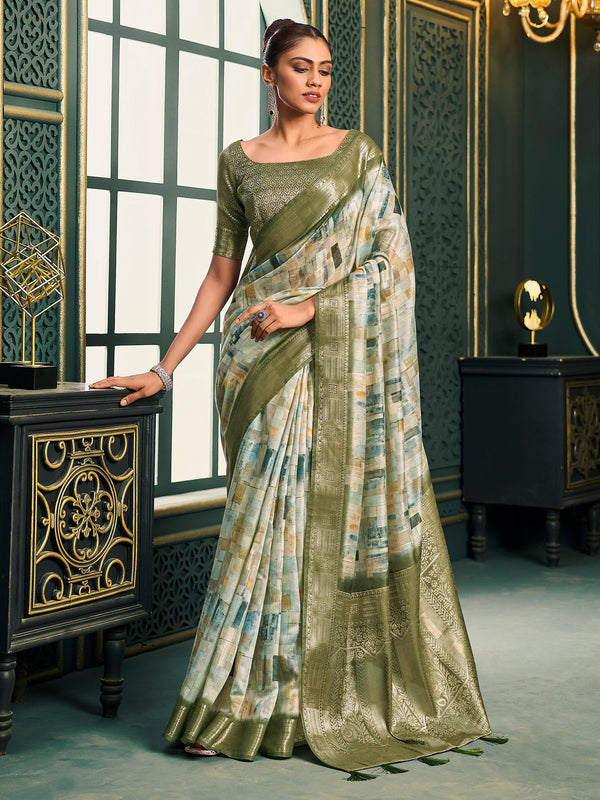 Bewitching Off-White & Olive Green Digital Printed Cotton Saree