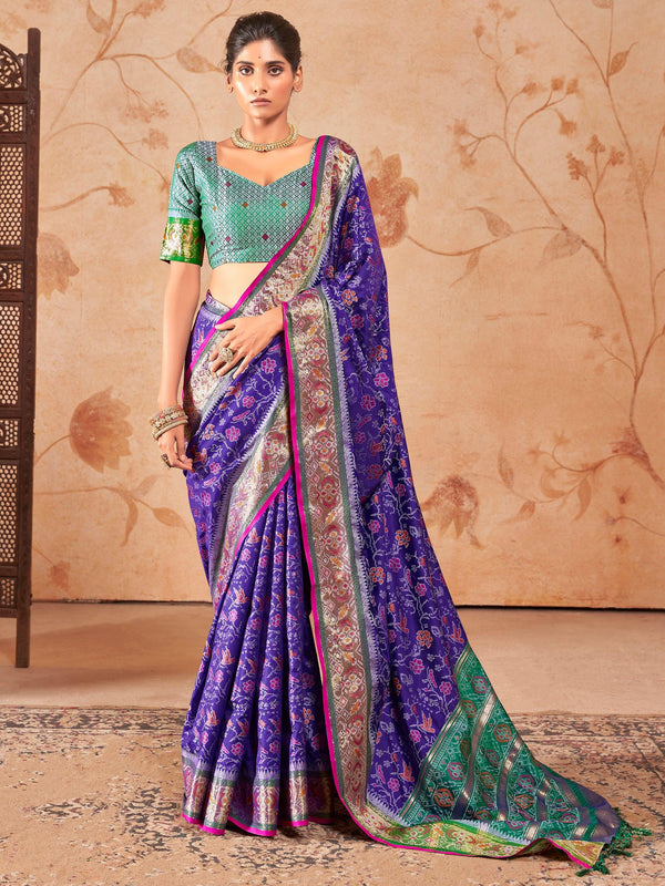 Awesome Blue Zari Weaving Patola Silk Event Wear Saree With Blouse