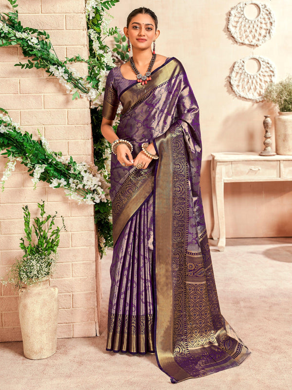 Alluring Purple Zari Weaving Silk Festival Wear Saree With Blouse