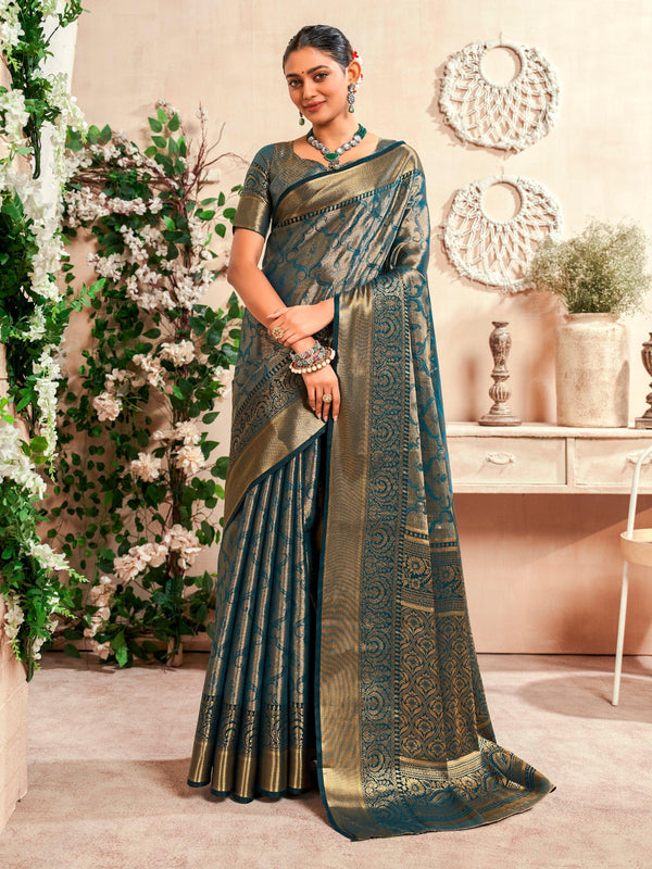 Bewitching Teal Blue Zari Weaving Silk Traditional Saree With Blouse