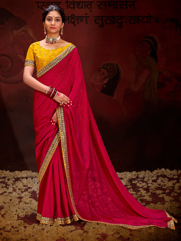 Wonderful Magenta Heavy Lace Work Silk Wedding Saree With Blouse