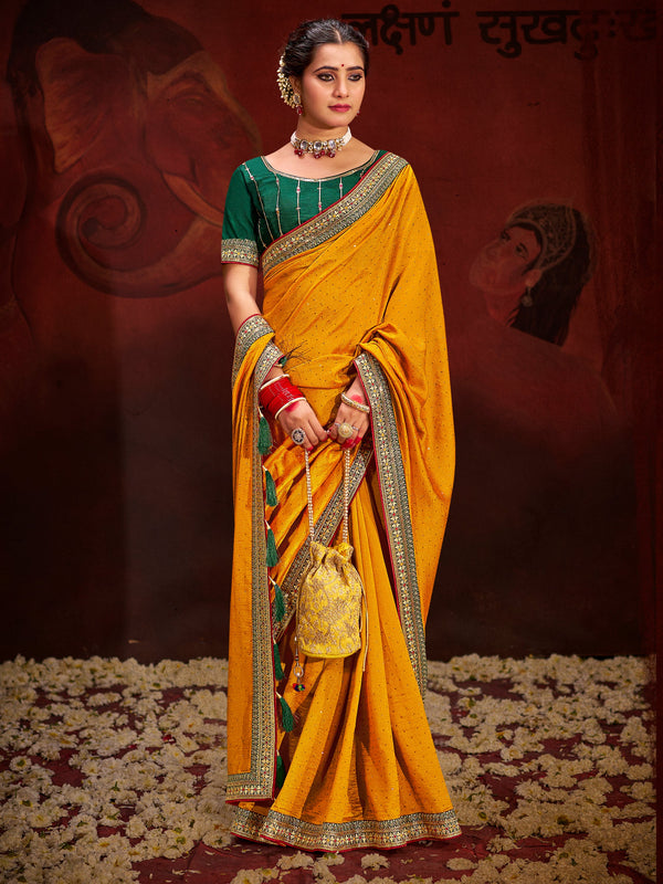 Awesome Yellow Heavy Lace Work Silk Haldi Wear Saree With Blouse