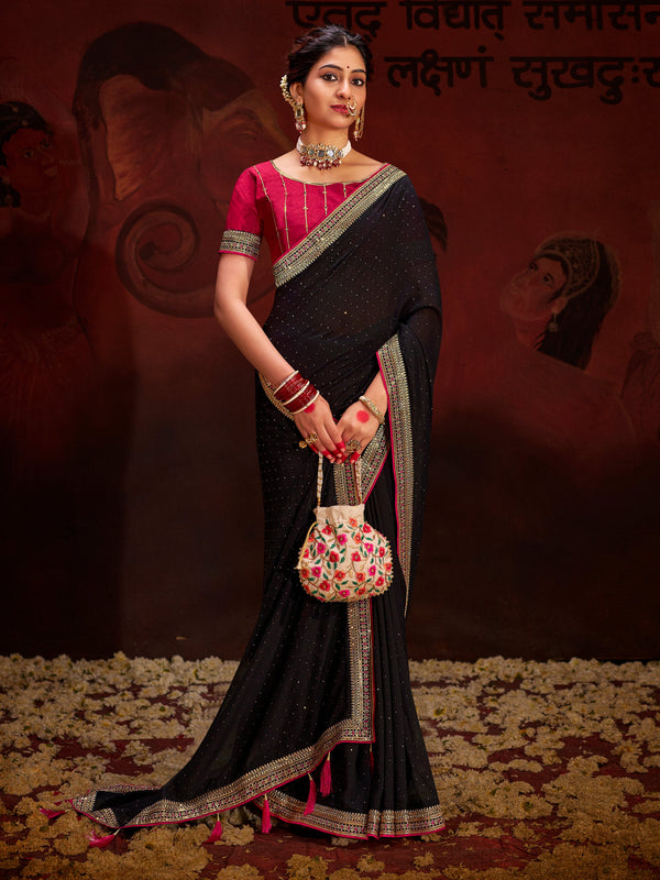 Marvelous Black Heavy Lace Work Silk Reception Wear Saree With Blouse