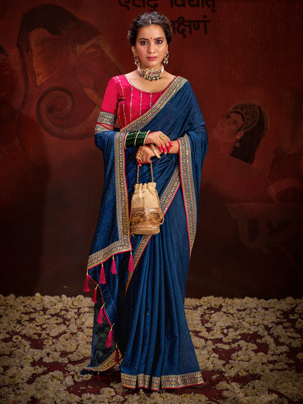 Beautiful Navy Blue Lace Work Silk Engagement Wear Saree With Blouse